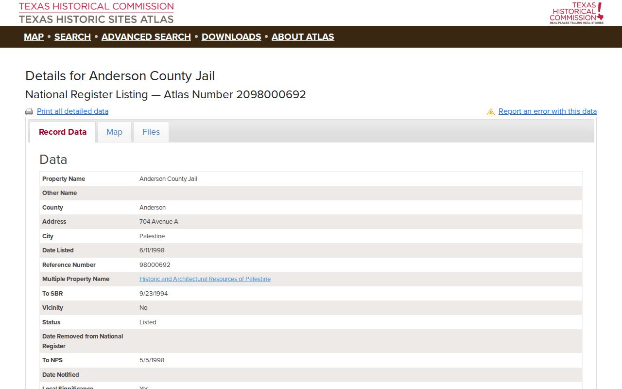 Historic Anderson County Jail archive reference, not a current booking record