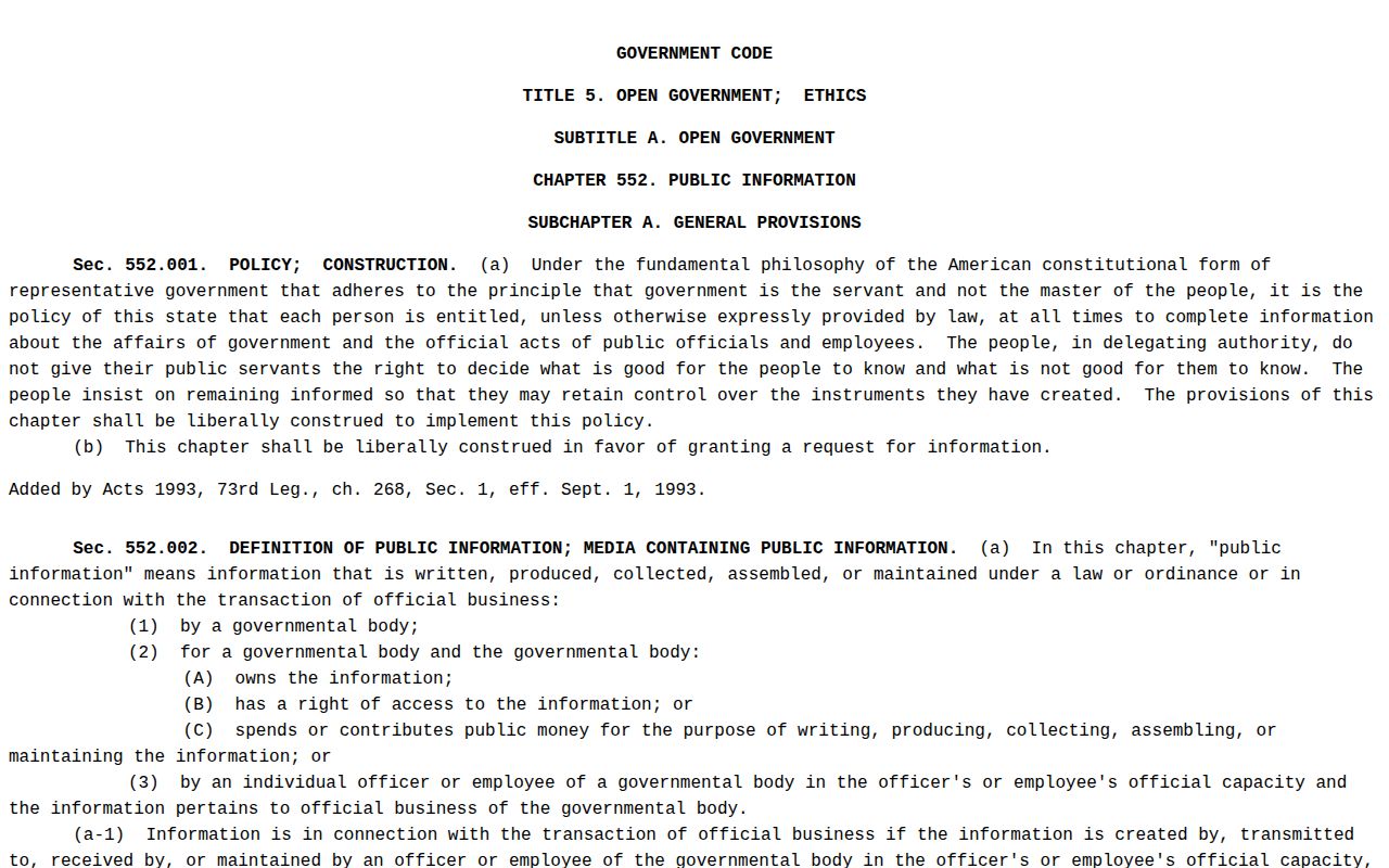 Texas public-information law relevant to Anderson County booking records